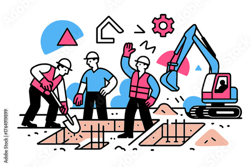 Vibrant Construction Scene. Foundation Digging. Excavation site overview with multiple workers and heavy machinery, floating abstract geometric construction
