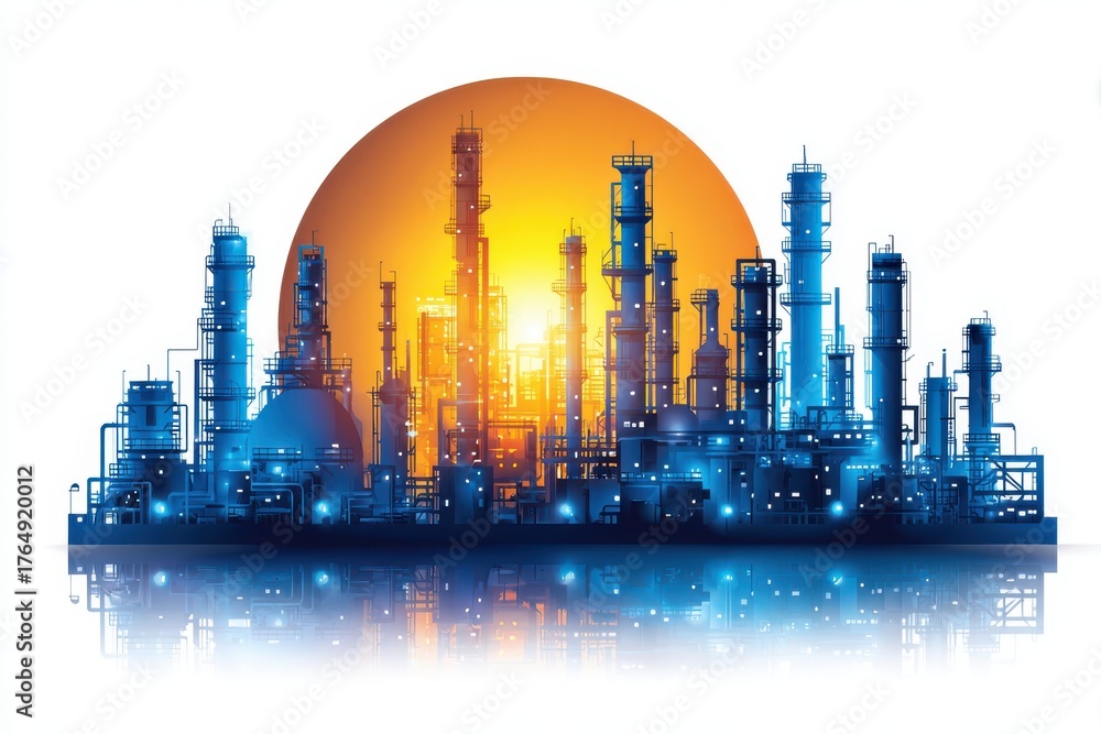 Obraz premium Industrial complex silhouette glows brightly against a setting or rising sun disk