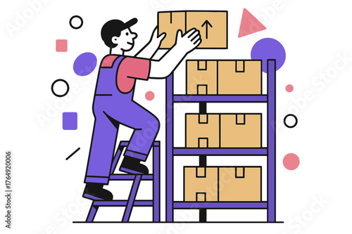 Efficient Warehouse Restocking. Restocking Supplies. Warehouse worker placing boxes on high shelves with floating abstract geometric shapes, efficient and