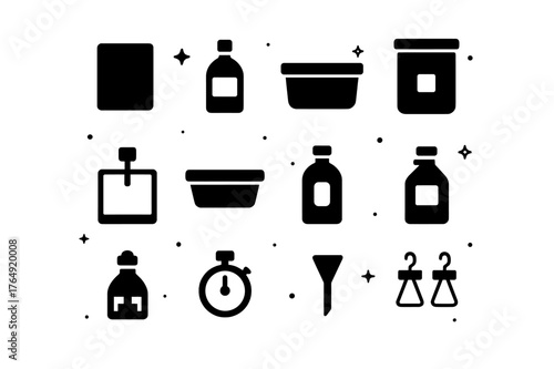 Wet Plate Icons. Wet Plate Collodion. Solid icons set of Wet Plate Collodion: glass plate, collodion bottle, silver nitrate bath, portable darkbox, dip holder,