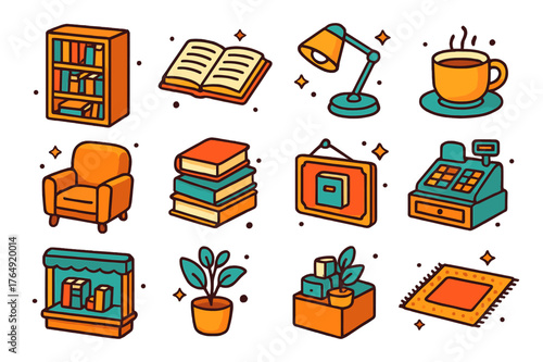 Cozy Bookstore Icons. Cozy bookstore. Colorful isometric vector icons set of cozy bookstore: bookshelf, open book, reading lamp, coffee cup, armchair, book