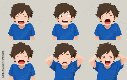 어린 소년의 내면에서 일어나는 슬픔, 분노, 놀람, 두려움 등 복합적인 심리 상태를 다채로운 얼굴 표정으로 섬세하게 그려낸 벡터 일러스트레이션 세트입니다.