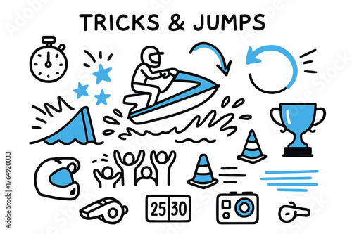Dynamic Jet Ski Tricks. // Tricks & jumps. Hand-drawn doodle illustration Tricks & jumps [ramp wake (accented), airborne jet ski (accented), splash stars, flip