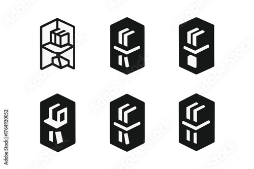 Corner Bookshelf Logo. A Corner Bookshelf That Fits Perfectly in a Small Space. Set Logo of Corner Bookshelf: Minimal outline, Filled silhouette, Abstract