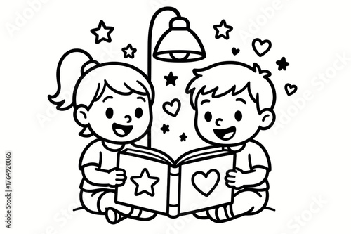 Kids Sharing Picture Book. Reading time children?s coloring book illustration, outlined drawing, two cheerful kids sitting under a lamp sharing a big picture