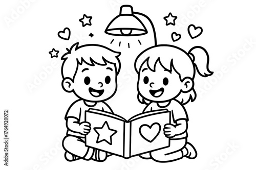 Kids Sharing Picture Book. Reading time children?s coloring book illustration, outlined drawing, two cheerful kids sitting under a lamp sharing a big picture