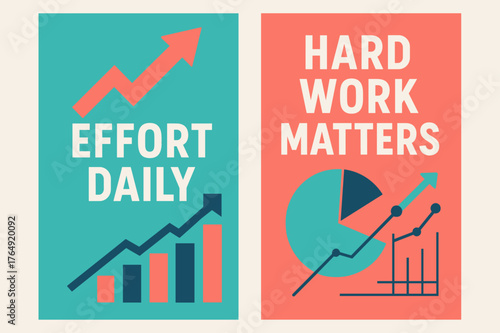 Effort and Hard Work. Effort daily. Two vertical A6 banners with safe margins, centered composition, no elements touching edges, modern, turquoise and coral,