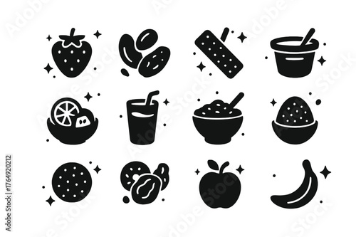 Healthy Snack Icons. Healthy Snacks. Solid icons set of Healthy Snacks: strawberry, nuts, granola bar, yogurt, fruit salad, smoothie, oatmeal, chia seeds,
