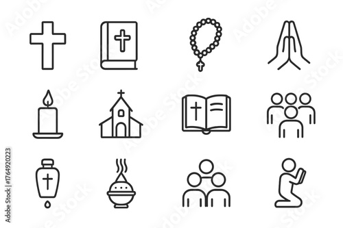 Catholic Fellowship Icons. Catholic fellowship. Line icon set of Catholic fellowship: cross, Bible, rosary, praying hands, candle, church, prayer book, choir,