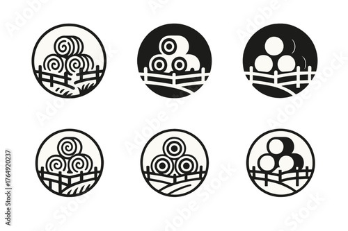 Rural Logo Variations. Rural travel and agritourism. Set Logo of Rural travel and agritourism: round hay bales stacked near a wooden fence. harmonious logo