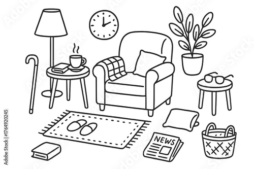 Cozy Living Room Icons. Living Room Setup. Hand-drawn doodle illustration Living Room Setup chair, walking cane, small table, lamp, teacup, book, slippers,