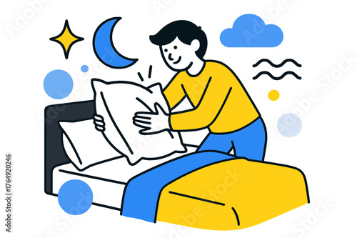 Comfortable Pillow Adjustment. Adjusting the Pillow to a Comfortable Position. Person fluffing pillow on a bed with floating abstract geometric comfort
