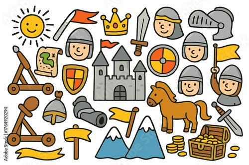 Medieval Doodle Adventure. medieval conquest. Colorful Hand-drawn doodle Children illustration medieval conquest castle, sword, shield, helmet, horse, crown,