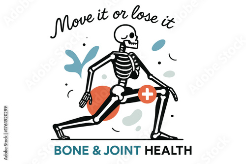 Graceful Skeleton Pose. Bone & Joint Health. A stylized skeleton frame moves gracefully through a lunge; floating icons highlight knees and hips. Text ?Move it