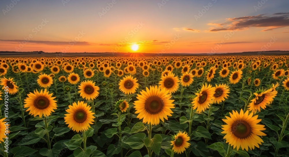 Obraz premium sunflower field, golden hour, vibrant colors, dramatic sky, scenic landscape, beautiful sunset, serene countryside, natural light, lush greenery, tranquil atmosphere, picturesque scenery, breathtaking