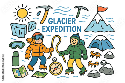 Glacier Expedition Adventure. Glacier expedition. Colorful Hand-drawn doodle Children illustration Glacier expedition climbers, rope, ice axe, crampons, frozen