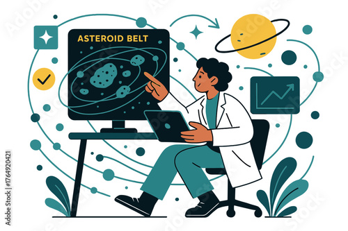 Asteroid Research Analysis. Asteroid belt studies. Astronomer analyzing asteroid belt data on digital screens with abstract floating orbit paths and celestial