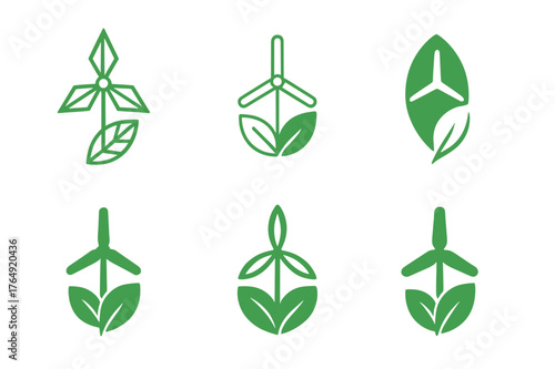 Renewable Energy Logos. Renewable energy ecology. Set Logo of Renewable energy ecology: wind turbine and leaf. harmonious logo variations of the same