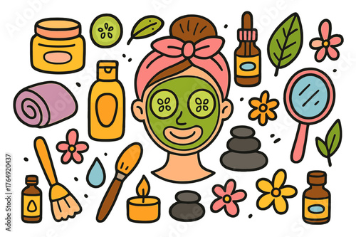 Colorful Spa Icons. spa treatment. Colorful Hand-drawn doodle Children illustration spa treatment face mask, cucumber slices, headband, towel, cream jar,