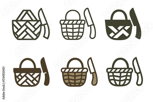 Forager's Basket Logos. Forager?s basket. Set Logo of Forager?s basket: woven basket and field knife. harmonious logo variations of the same emblematic