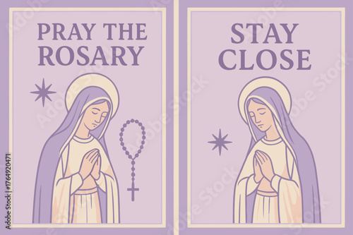 Rosary Prayer Banners. Our Lady of the Rosary. Two vertical A6 banners with safe margins, centered composition, no elements touching edges, pastel, lavender