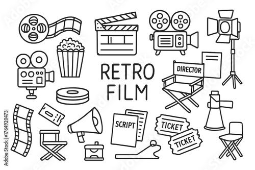 Retro Film Icons. Retro Film. Hand-drawn doodle illustration Retro Film film reel, movie tape, clapperboard, projector, camera, popcorn, director?s chair,