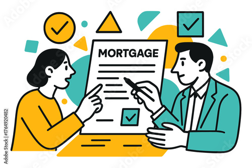 Mortgage Contract Review. Mortgage Paper. Hands pointing at a mortgage contract with floating abstract geometric icons and checkmarks, careful review and