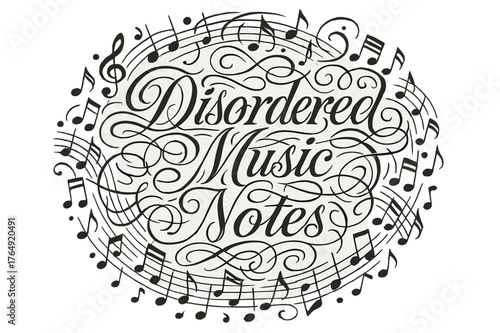 Disordered Music Flourish. Flourish Lettering ? "Disordered Music Notes" in classic ornamental flourish lettering, medium-thick swashes twisting around letters