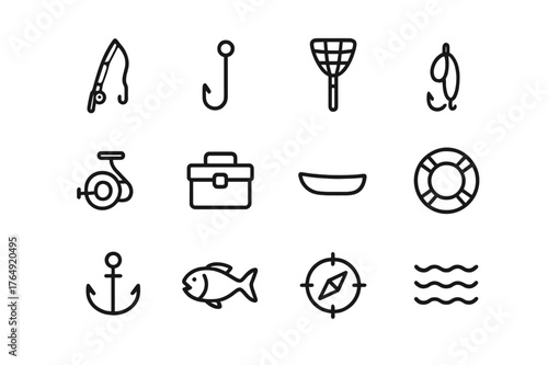 Fishing Gear Icon Set. Fishing equipment. Line icon set of fishing equipment: fishing rod, hook, net, bait, reel, tackle box, boat, life buoy, anchor, fish,