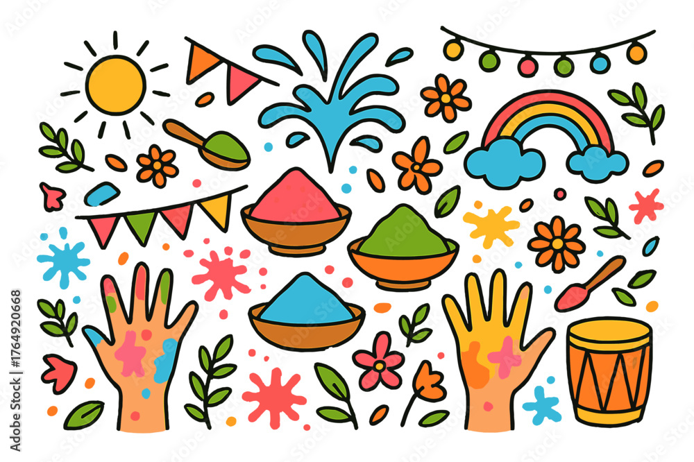 Naklejka premium Colorful Festival Celebration. festival powders. Colorful Hand-drawn doodle Children illustration festival powders bowls, colored powders, hands, spoon,