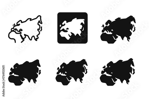 Eurasia Logo Grid. Eurasia. Set Logo of Continental Overview: Minimal outline, Negative space, Flat solid, Symmetrical form, Stylized detail, Iconic shape.