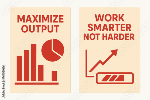 Efficient Workflow Banners. Maximize output. Two vertical A6 banners with safe margins, centered composition, no elements touching edges, flat vector design,