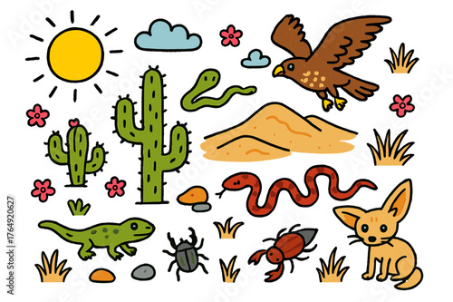Vibrant Desert Ecosystem. Desert ecosystem. Colorful Hand-drawn doodle Children illustration Desert ecosystem cactus, lizard, snake, hawk, sun, sand dune,