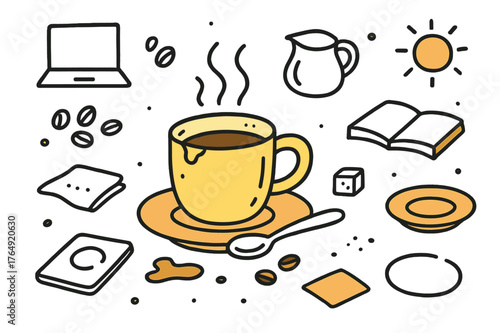 Cozy Coffee Morning. Cozy morning. Hand-drawn doodle illustration coffee mug (colored), chipped edge (colored), steam (colored), saucer (colored), spoon