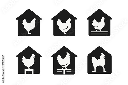 Coop Structure Logos. Chickens in Coop. Set Logo of Coop Structure: Filled silhouette, Abstract geometric, Negative space, Flat solid, Symmetrical form,