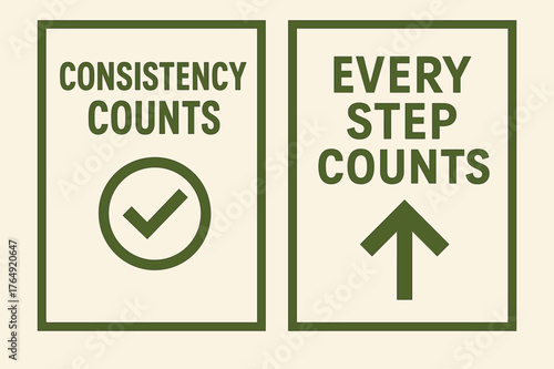 Consistency Banners Design. Consistency counts. Two vertical A6 banners with safe margins, centered composition, no elements touching edges, geometric, olive