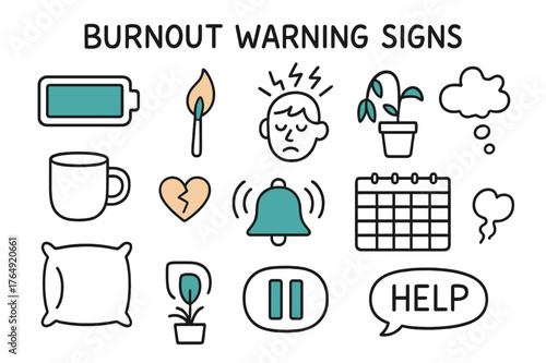 Burnout Warning Doodles. // Burnout warning signs. Hand-drawn doodle illustration Burnout warning signs [battery empty (accented), flame-out match (accented),