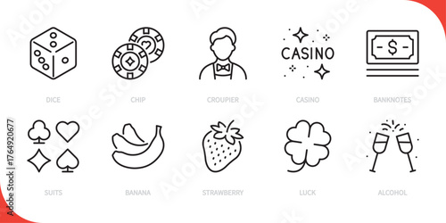 Casino & gambling line icon set. Dice, chip, croupier, casino, banknotes, suits, banana, strawberry, luck, alcohol sign. Vector illustration. Editable stroke. Flat design.