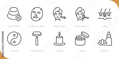 Beauty & spa salon line icon set. Hot stones, cosmetic mask, procedure, face massage, hair, yin yang, face roller, candle, cream, care oil sign. Vector illustration. Editable stroke. Flat design.