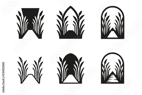 Whispering Corridor Logos. Whispering corridor. Set Logo of Whispering corridor: reed-lined walkway. harmonious logo variations of the same emblematic concept,