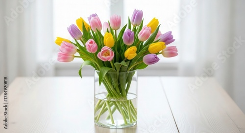 a bouquet of multicolored tulips in a glass vase on a wooden table, soft natural light, vibrant colors, detailed petals, elegant composition, serene and inviting atmosphere
