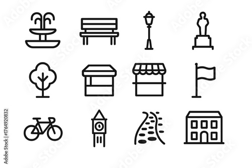 Public Gathering Icon Set. Public gathering place. Line icon set of public gathering place: fountain, bench, street lamp, statue, tree, kiosk, market stall,
