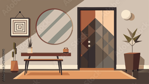 A chic and modern entryway with a rustic bench geometric wall art and a sleek console table.