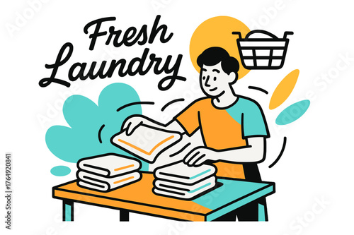 Calm Folding Rhythm. Folding Station Scene. A person folds crisp towels on a table; soft motion lines show rhythm and calm. ?Fresh Laundry? floats in smooth