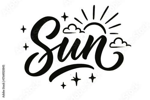 Sun Brush Script. Script Hand-Lettering ? "Sun" in flowing brush script, semi-cursive with fluid strokes, slight upward tilt to convey warmth and brightness,
