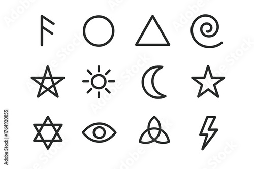 Symbolic Runes Icons. Runes and symbols. Line icon set of runes and symbols: elder futhark rune, circle symbol, triangle symbol, spiral, pentagram, sun symbol,