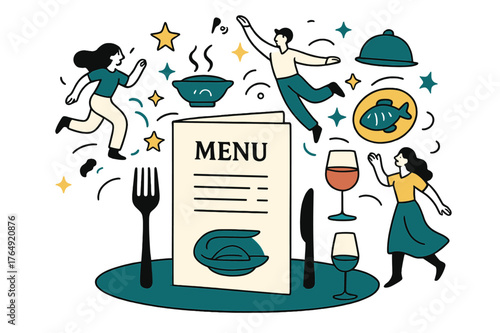 Elegant Culinary Art. Exquisite menu. Elegant restaurant menu displayed on table with fine cutlery and wine glass; abstract floating icons of dishes, drinks,