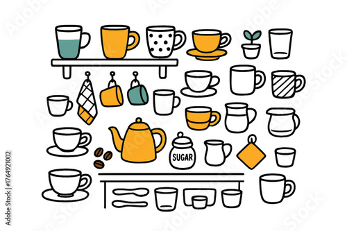 Colorful Kitchenware Doodles. Colorful kitchenware. Hand-drawn doodle illustration ceramic mugs (colored), glass cups (colored), open shelves (colored), coffee
