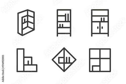 Compact Bookshelf Designs. A Corner Bookshelf That Fits Perfectly in a Small Space. Set Logo of Compact Storage Solution: Minimal outline, Abstract geometric,