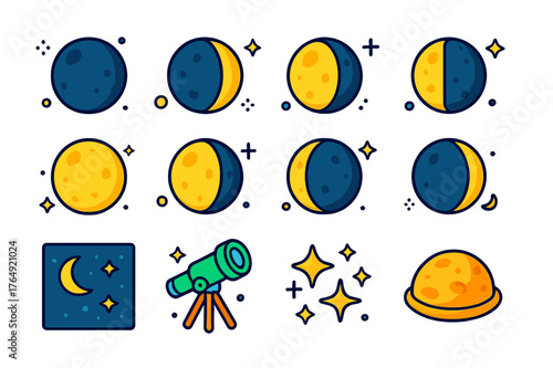 Astronomy Icon Set. Astronomy learning. Colorful isometric vector icons set of astronomy learning: new moon, waxing crescent, first quarter, waxing gibbous,